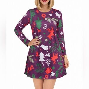 Purple Reindeer Christmas Holiday Tunic Dress Long Sleeve Festive